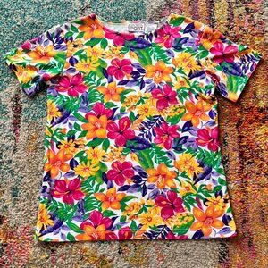 Vintage Jaclyn Smith Sport Floral T-Shirt – Bright Tropical All Over Print Tee |